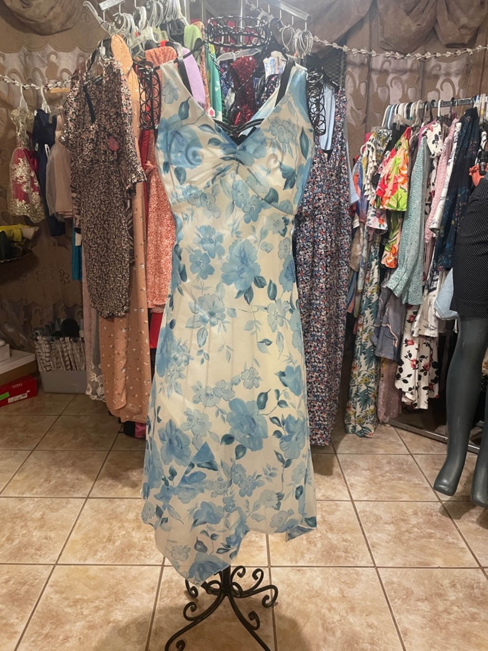 Blue Floral Asymmetrical Slip Dress
